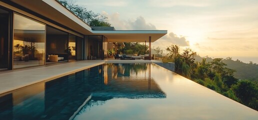 Poster - Modern luxury villa with infinity pool overlooking a lush tropical valley at sunset.