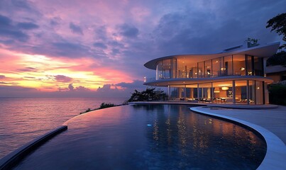 Poster - Modern luxury villa with infinity pool overlooking the ocean at sunset.