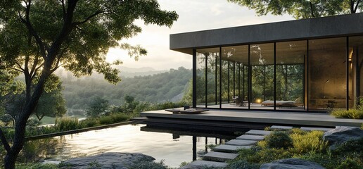 Poster - Modern minimalist house with a large window overlooking a pond and forest.