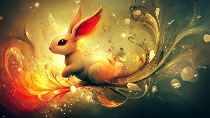 Wall Mural - A white rabbit sits on a swirling, yellow and orange, abstract background