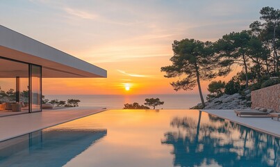Aufkleber - Modern villa with infinity pool overlooking the ocean at sunrise.
