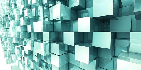 Poster - A mesmerizing abstract arrangement of translucent aqua-colored cubes, creating a sense of depth and movement, perfect for modern design themes or digital art backgrounds.