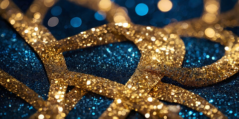 Poster - golden rhapsody on blue: abstract close-up of shimmering gold glitter ribbons intricately arranged o