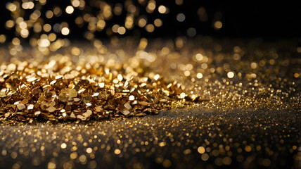 Poster - golden glitter sparkle: luxurious texture of golden glitter scattered on a dark background, creating