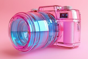 Wall Mural - Vibrant plastic camera with pink and blue aesthetic design