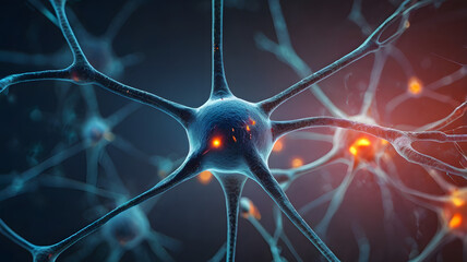 Poster - Neural Network Firing: Microscopic view of a neuron firing, showcasing intricate details and vibrant colors.  A captivating image for science, medicine, and technology. 
