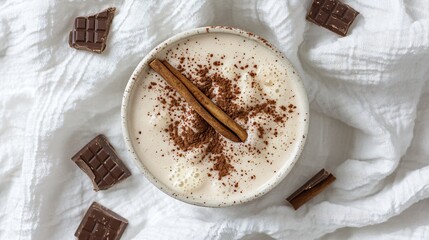 Poster - Cup of hot chocolate with a dusting of cocoa powder, garnished with cinnamon sticks and chocolate wafers on a white cloth