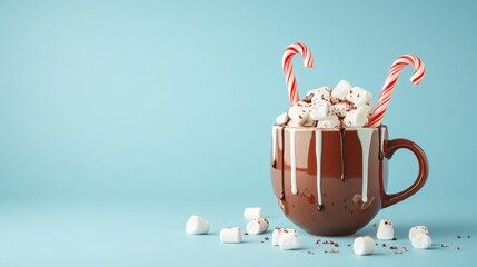 Poster - Festive hot chocolate with melted marshmallows, chocolate drizzle, and peppermint sticks, isolated on a winter blue background