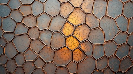 Ultra Close-Up Shot of Building Surface Featuring Glass Honeycomb Design with Intricate Patterning and Warm Glowing Highlights in Earthy Tones