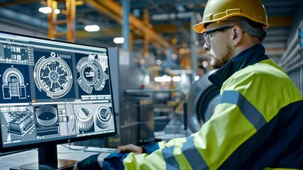 Poster - Engineer analyzes machinery data in a modern manufacturing facility, optimizing production efficiency in an industrial environment