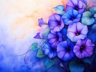 Wall Mural - A vibrant watercolor painting of purple petunias, surrounded by lush green leaves against a soft, colorful background.