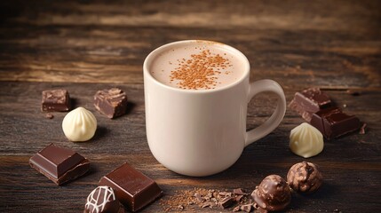 Poster - Mug of hot chocolate with a sprinkle of cinnamon, surrounded by assorted chocolate pieces on a dark, rustic wood backdrop