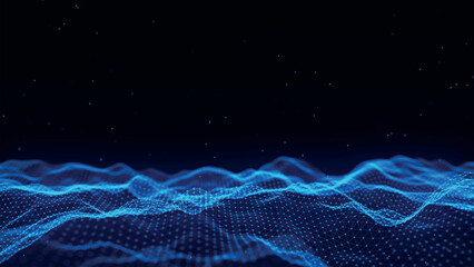 Poster - Futuristic point wave of particles. Visualization of sound waves. Dark background. Technology or science banner. Abstract digital 3D wave. Vector illustration.