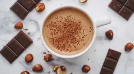 Velvety hot cocoa with a sprinkle of nutmeg, surrounded by crushed hazelnuts and chocolate bars on a marble background