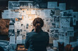© Ram - Investigator analyzing a complex evidence board filled with documents, photos, and notes, creating a cinematic mystery scene perfect for crime-solving, storytelling, and detective themes