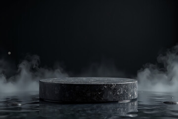 Wall Mural - abstract minimal concept. dark background with natural granite stones podium on water and smoke surr