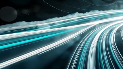 Poster - Light trails streak through a night sky filled with clouds, creating an abstract animation that symbolizes speed and data transmission in a futuristic setting