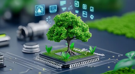 green leaf plant on circuit. concept of smart farming agriculture technology. future network of natu