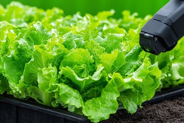 Poster - in smart agriculture, an arm harvests lettuce hydroponically