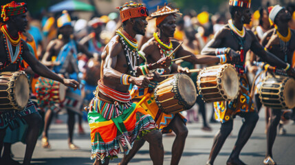 A group of drummers, dressed in vibrant traditional attire, passionately plays their instruments while dancing in a lively street festival.