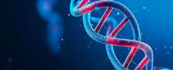 Poster - DNA double helix interwoven with digital AI elements. Showing how AI can be applied to genetic research and personalized medicine.