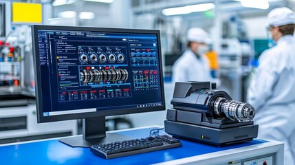 Poster - This scene is depicted in a factory washroom. On the desk, a personal computer shows the infrastructure system control on its display. In the background is CNC machinery, on the production line