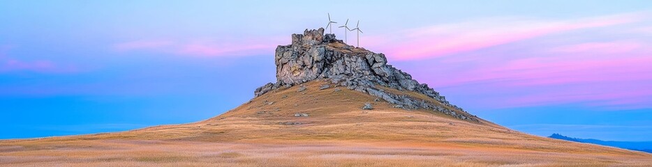 Wall Mural - Stunning panoramic landscape view of wind turbines on a windy hill during a colorful sunrise in Washington State, USA.