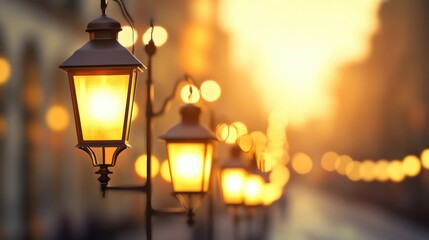 Poster - Street lamps glow warmly along a blurred city street at sunset, AI