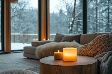 Poster - Burning candles creating cozy atmosphere in modern living room during winter