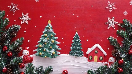 Wall Mural - Christmas cards hand-painted with winter scenes and trees, displayed on a festive red background