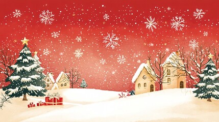 Wall Mural - Christmas cards hand-painted with winter scenes and trees, displayed on a festive red background