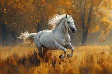 Wall Mural - white horse galloping in autumn field with falling leaves