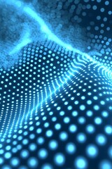 Poster - A captivating abstract image featuring glowing blue dots arranged in a wave-like pattern against a deep blue background, creating a sense of depth and digital movement.