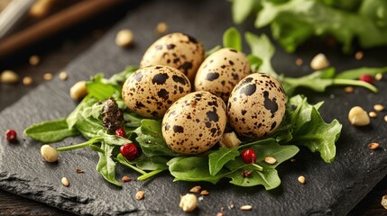 Close up of speckled quail eggs on slate tile showcasing fresh delicacies illuminated by natural light