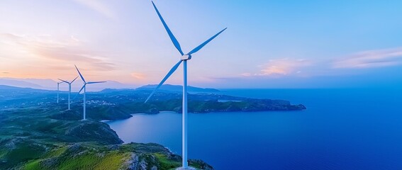 Wall Mural - A drone aerial view of an ocean windmill park generating renewable energy