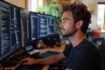 Leinwandbilder - Focused software developer working on code on multiple monitors in office