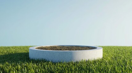 Poster - fantasy 3d rendering of a circular podium on a grassy field featuring a round soil mockup in a cross