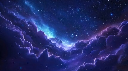 Wall Mural - 3D cartoon representation of a starry universe background featuring a dark blue galaxy space clouds with nebulae and stars and a nature stardust field in the depth of the universe along with the M