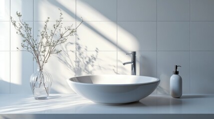 Poster - 3D rendering of a white vanity countertop featuring square wall tiles a ceramic washbasin a modern minimal style faucet and a twig glass vase creating a beauty and skincare background enhanced by 
