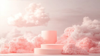 Poster - Pastel podium surrounded by clouds on a soft colored background 3D rendering