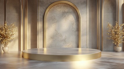 Poster - Gold product display podium on a luxurious advertising background with empty backdrops 3D rendering