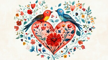 Heart adorned with ethnic floral motifs and two decorative birds in national colors Ornamental folk art design in a traditional style Watercolor suitable for wedding and love themed projects