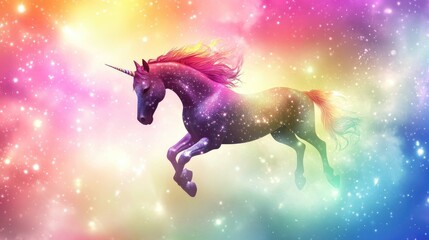 Poster - Holographic backdrop featuring a rainbow mesh design A whimsical universe theme with vibrant hues fantasy gradient elements and sparkling unicorn motifs amid stars and blurs