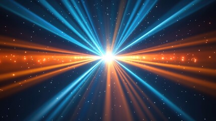 Poster - Bright radial light beams in a 3D cartoon rendering Abstract background showcasing blue and orange neon glow Light burst in a cosmic setting suitable for presentations events parties carnivals cel