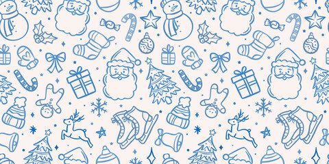 Poster - Cartoon Christmas vector pattern, seamless repeating background, cute pastel wallpaper design