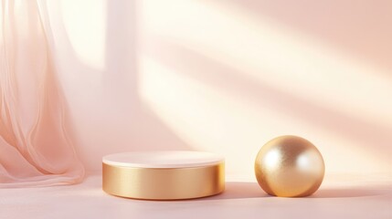 Poster - 3d rendered studio featuring geometric shapes shiny gold two cylinder podium on the floor providing 