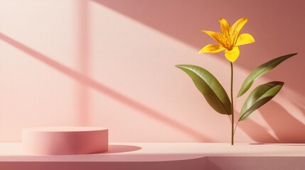Poster - abstract minimal mockup featuring a pastel colored scene with a pink geometric shape podium and a ye