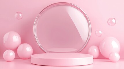 Poster - Pink abstract background featuring a cylindrical podium and frame in a 3D render