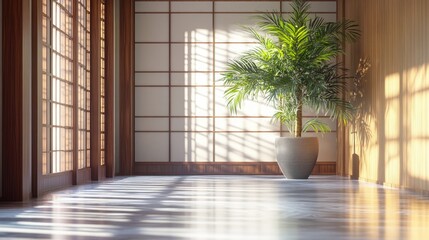Poster - 3D rendering of an empty oriental Japanese style room featuring white and brown wood panel walls and a dracaena tree illuminated by sunlight filtering through a shoji window ideal for interior des