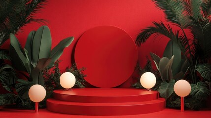 Poster - Red podium decoration ideal for product presentations 3D rendering